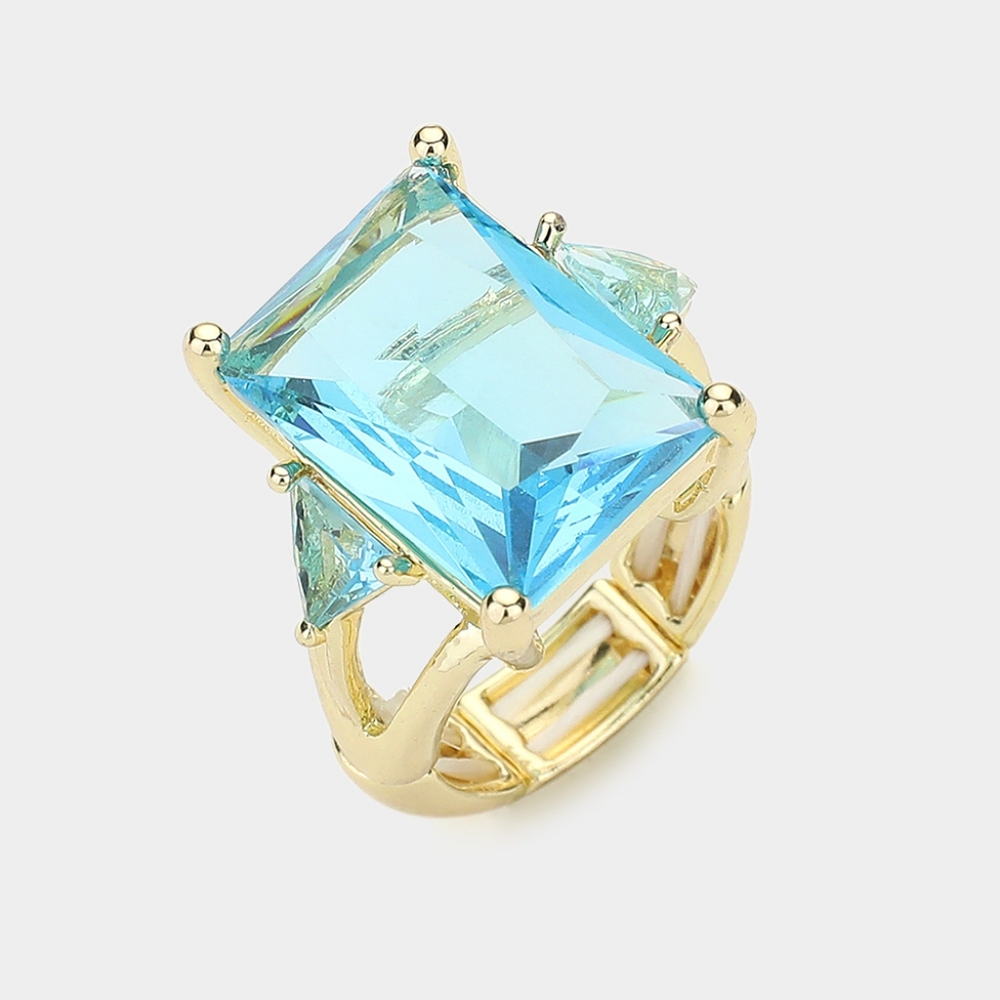 Aqua Gold Emerald Cut Crystal Stretch Cocktail Ring Fashion Statement Jewelry